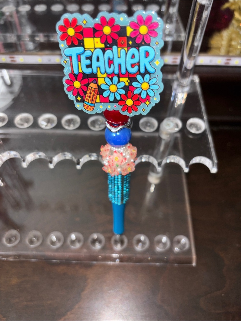 Teacher Blue Decorative Kids Pen with Colorful Flower Top